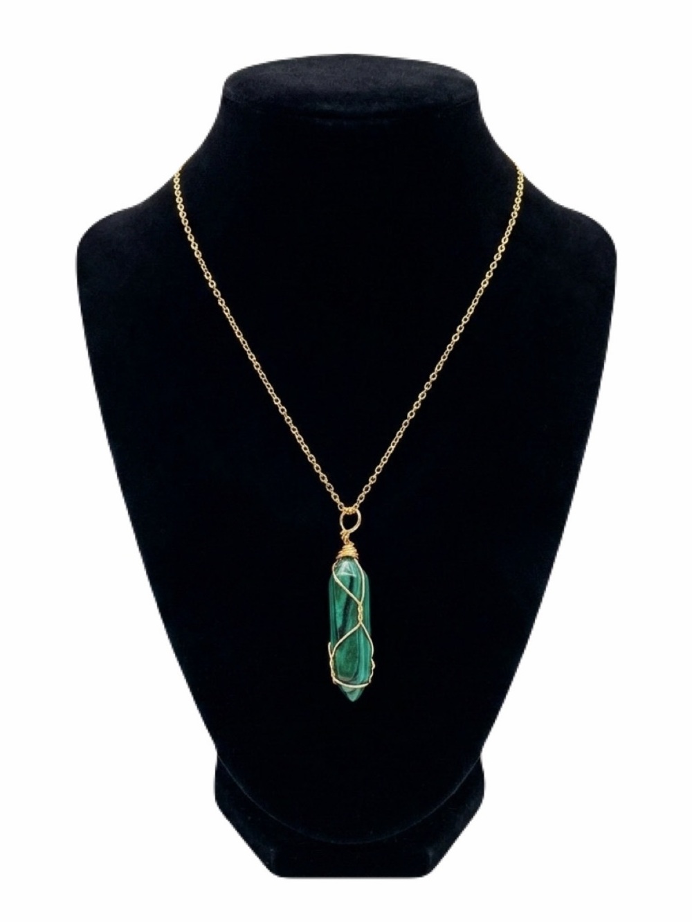 New Handmade Green Malachite 10k Gold Wire Wrapped S925 Silver Amulet Necklace